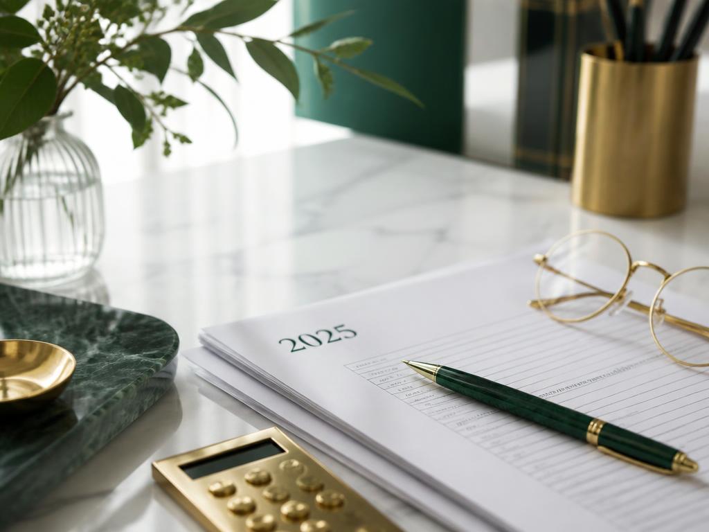 2025 tax guide featured image: organized tax documents, emerald pen, and gold calculator on a marble desk